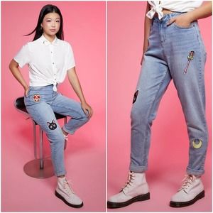 Sailor Moon Plus Size 22 Patches Embroidered Cropped Roll Mom Jeans Luna Anime
